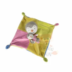 Nicotoy T'choupi Le Pingouin Doudou Plat Avec Bébé Vert Jaune Rose
